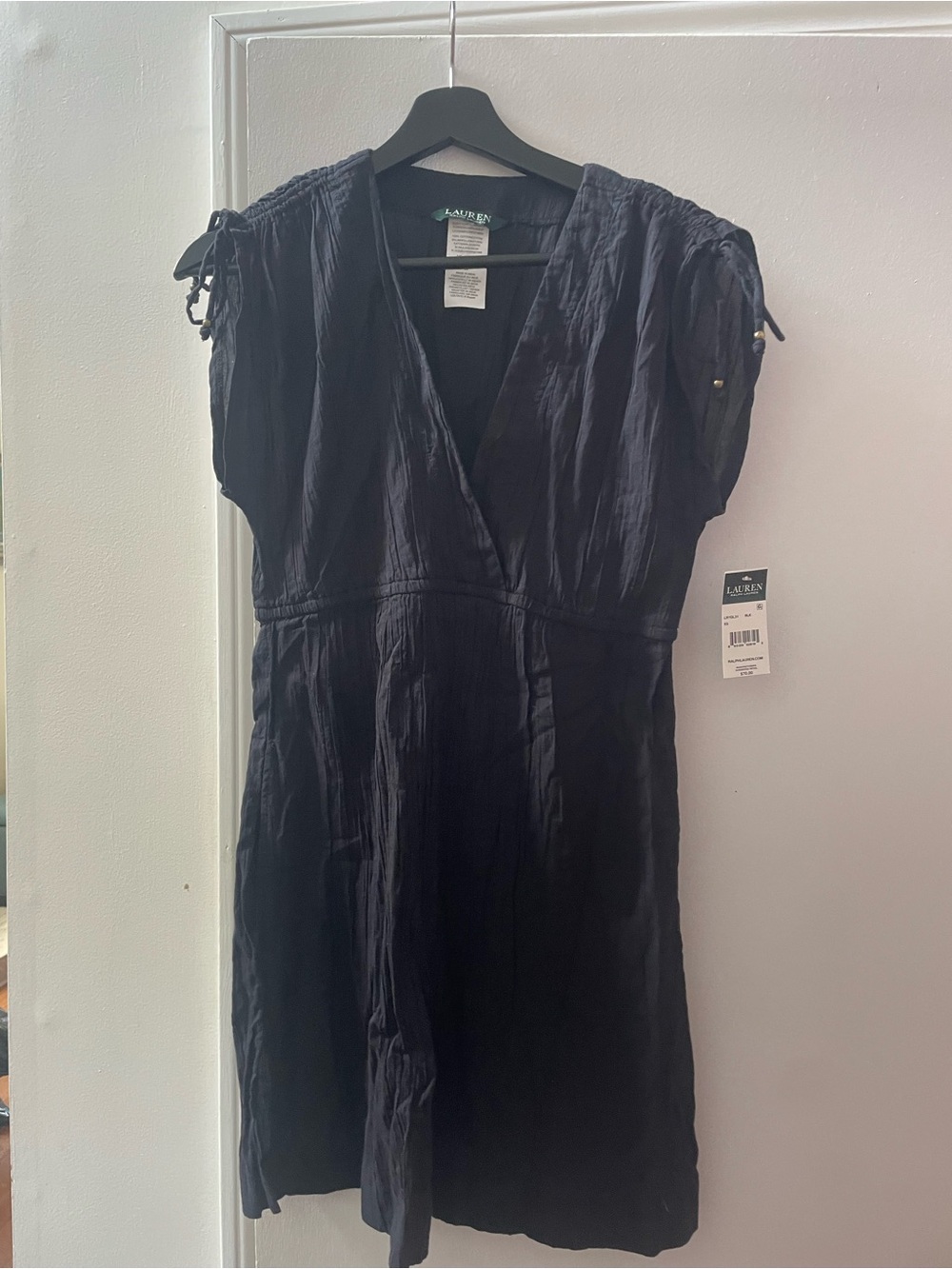 Lauren Ralph Lauren Black V-Neck Midi Dress with Short Tie Sleeves
